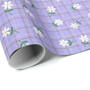 Papel De Regalo Margaritas sobre Cuadros Morados (escala grande)
