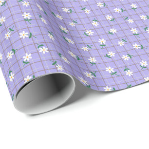 Papel De Regalo Margaritas sobre Cuadros Morados (estampado pequeñ