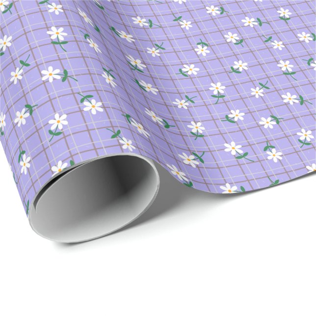 Papel De Regalo Margaritas sobre Cuadros Morados (estampado pequeñ (Esquina del rollo)