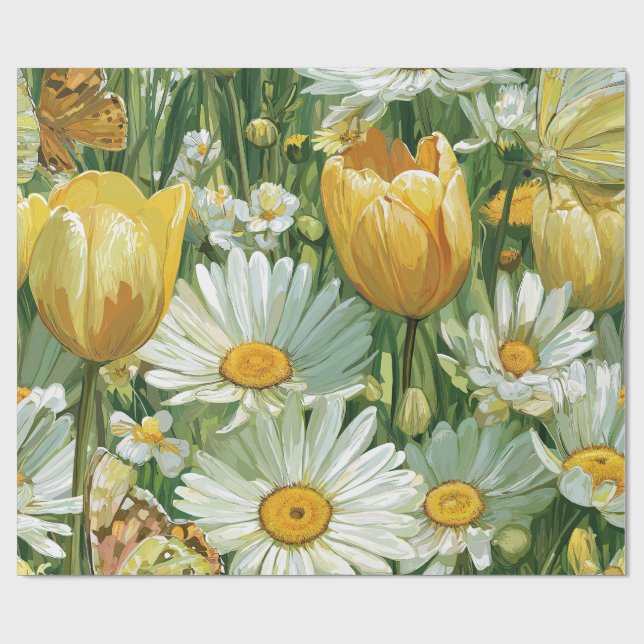Papel De Regalo Margaritas, Tulipanes y Mariposas (Superficie plana)