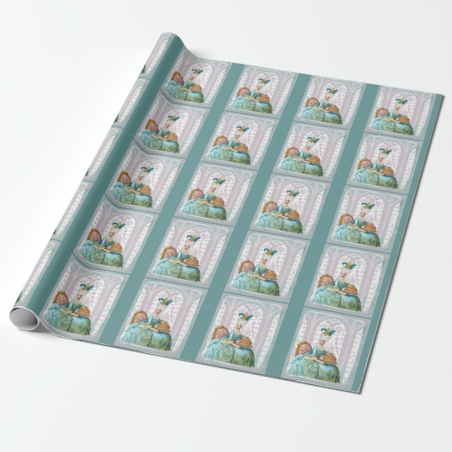 Papel De Regalo Marie Antoinette en Aqua con pastel (Desenrollado)