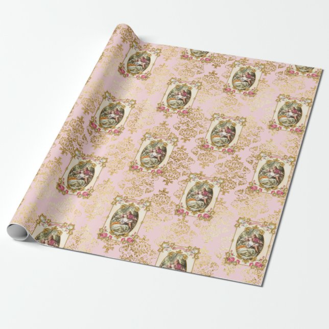 Papel De Regalo Marie Antoinette French Paris pink rococo roses ラッ (Desenrollado)