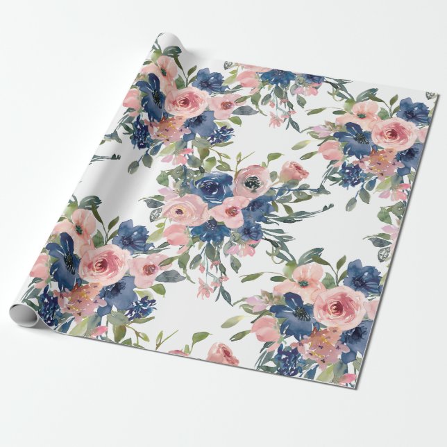Papel De Regalo Marina acuarela y floral Rubor (Desenrollado)