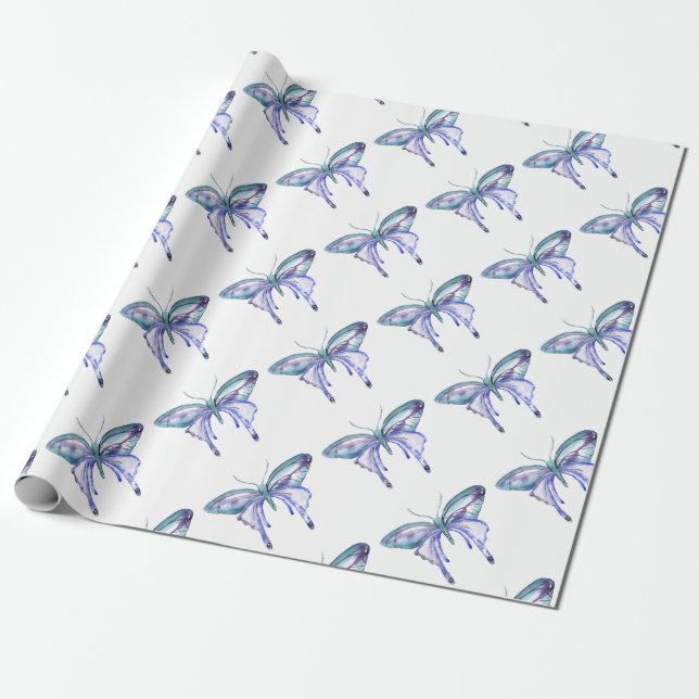 Papel De Regalo Mariposa acuarela azul Aqua Purple (Desenrollado)