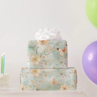 Papel De Regalo Mariposa Acuarela Floral Salvia Naranja