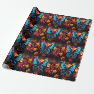 Papel De Regalo Mariposa azul con puntos Naranjas negros en las fl