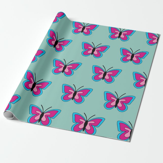 Papel De Regalo Mariposa azul magenta rosa (Desenrollado)