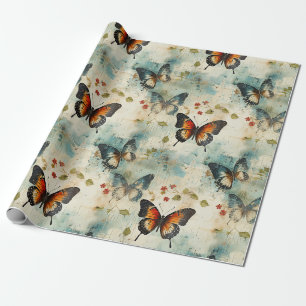 Papel De Regalo Mariposa Botánica Verde Azulado Naranja Vintage