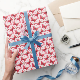 Papel De Regalo Mariposa caprichosa y patrón de cereza en acuarela