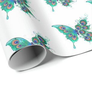 Papel De Regalo Mariposa con plumas de pavo real verde