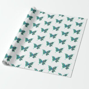 Papel De Regalo Mariposa con plumas de pavo real verde