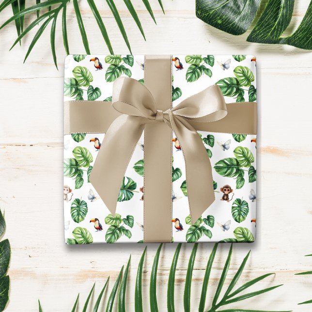 Papel De Regalo Mariposa de mono de la jungla de Safari Verde Turc (Safari Animal Zoo Animal Tropical Leaves Pattern Monkey Toucan Butterfly Birthday Wrapping Paper)