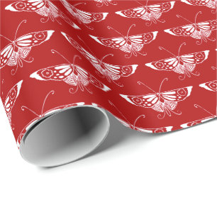 Papel De Regalo Mariposa Deco estilizada - rojo oscuro y blanco