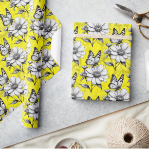 Papel De Regalo Mariposa En El Diseño Amarillo Del Patrón De Flor