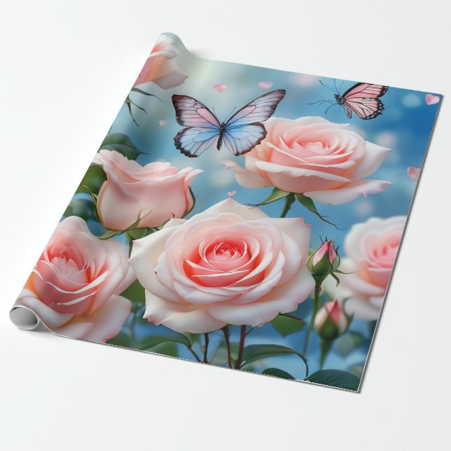 Papel De Regalo Mariposa En Flor Rosa (Desenrollado)
