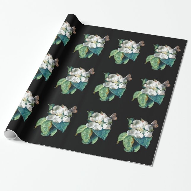PAPEL DE REGALO MARIPOSA EN LA FLORES BLANCA , FLORAL (Desenrollado)