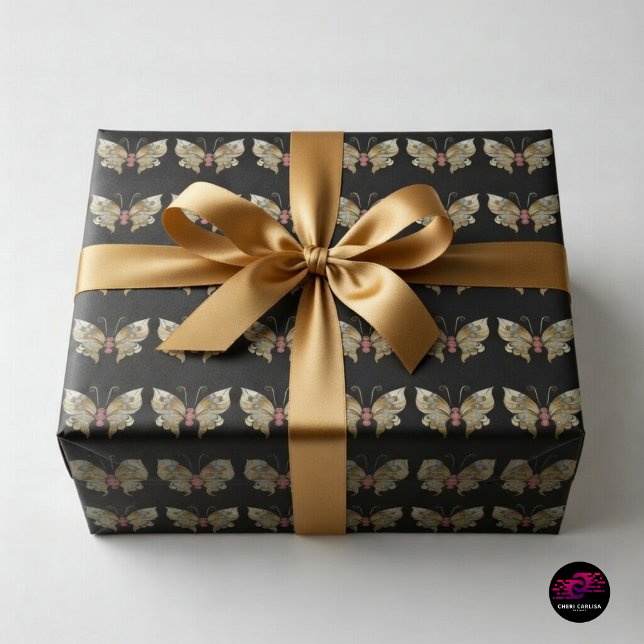 Papel De Regalo Mariposa enjoyada de oro (Black and gold butterfly wrap that turns every gift into a luxe statement ✨)