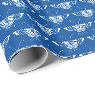 Papel De Regalo Mariposa estilizada Art Deco, azul cobalto y blanc