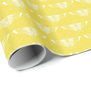 Papel De Regalo Mariposa estilo Art Déco - amarillo y blanco