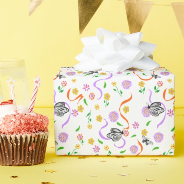 Papel De Regalo Mariposa Floral Blanca Lavanda (Fiesta de cumpleaños )