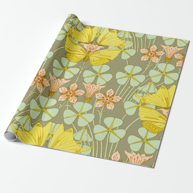 Papel De Regalo Mariposa Floral Botánica Art Nouveau (Desenrollado)