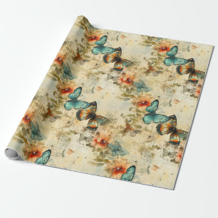 Papel De Regalo Mariposa floral naranja azul verdoso antiguo