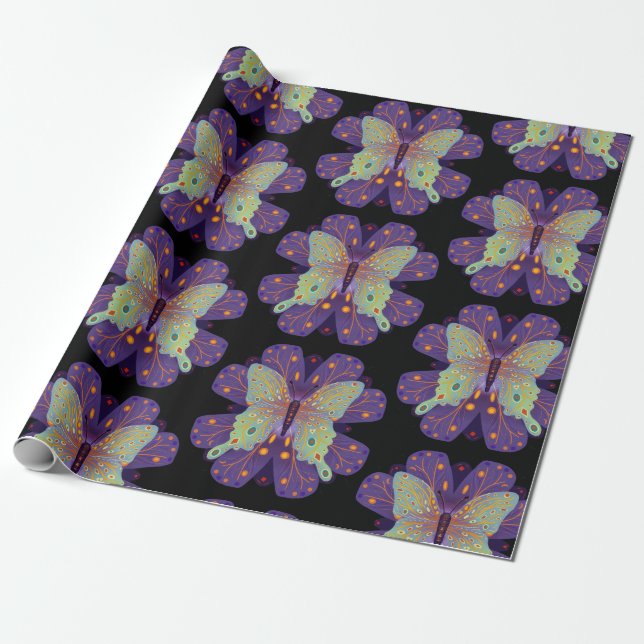 Papel De Regalo Mariposa morada, negra y pálida azul (Desenrollado)