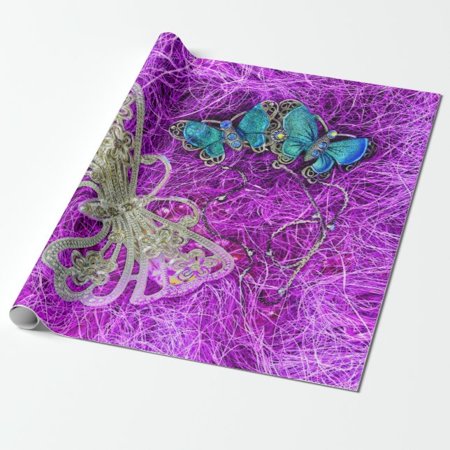 Papel De Regalo Mariposa morada Verde azulada dorada elegante colo (Desenrollado)