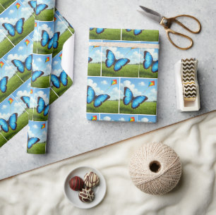 Papel De Regalo Mariposa Morpho Común Volando una Cometa