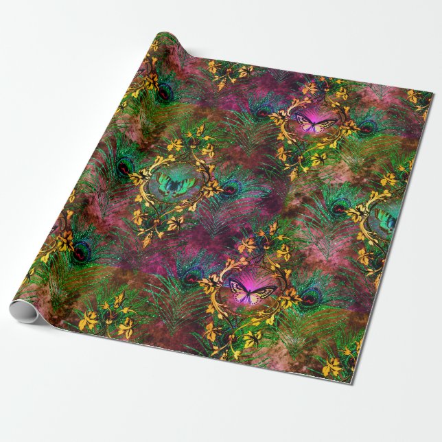 Papel De Regalo mariposa pluma de pavo real victoriana elegante pú (Desenrollado)