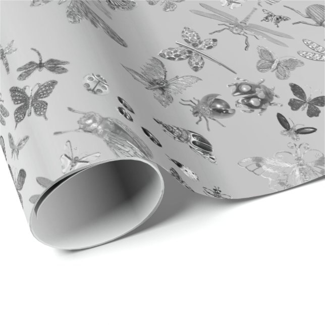 Papel De Regalo Mariposa pradera gris plateada Inspira gemas diama (Esquina del rollo)