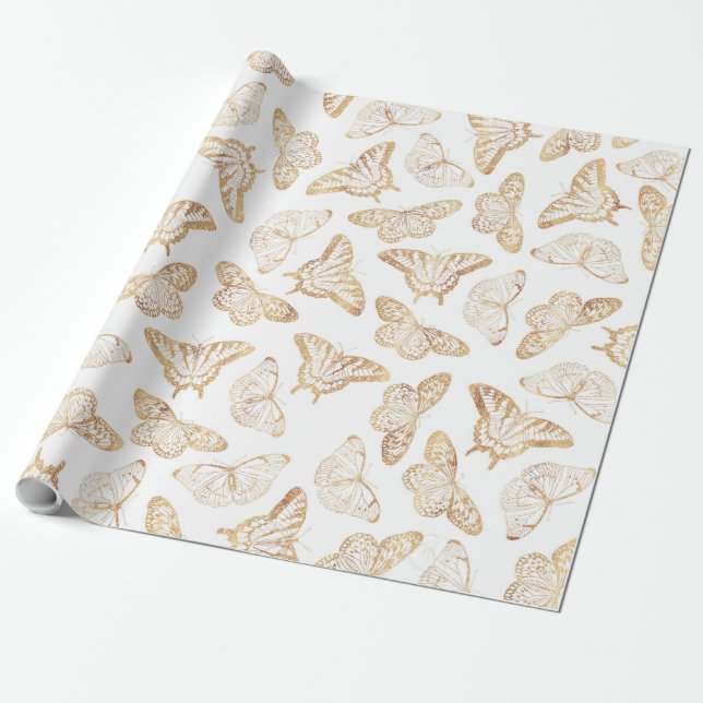 Papel De Regalo Mariposa Purpurina de oro elegante (Desenrollado)