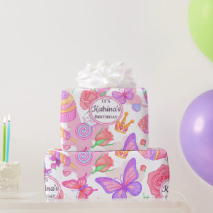 Papel De Regalo Mariposa rosa divertida, tarta, patrón de dulces