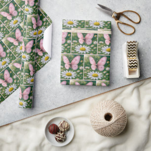 Papel De Regalo Mariposa Rosa Femenina y Margarita Blanca