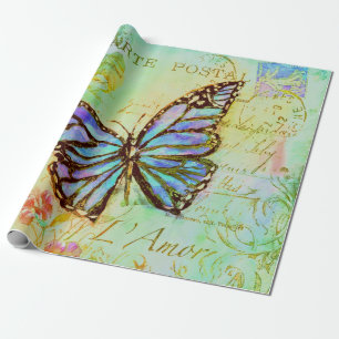 Papel De Regalo Mariposa verde azulado y morada