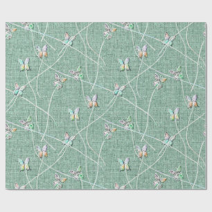 Papel De Regalo Mariposas al acuarela sobre verde menta