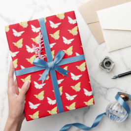 Papel De Regalo Mariposas amarillas blancas y ligeras volando rojo