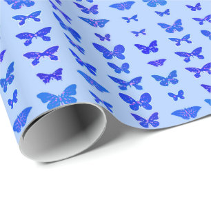Papel De Regalo Mariposas, azul cobalto, fondo azul claro