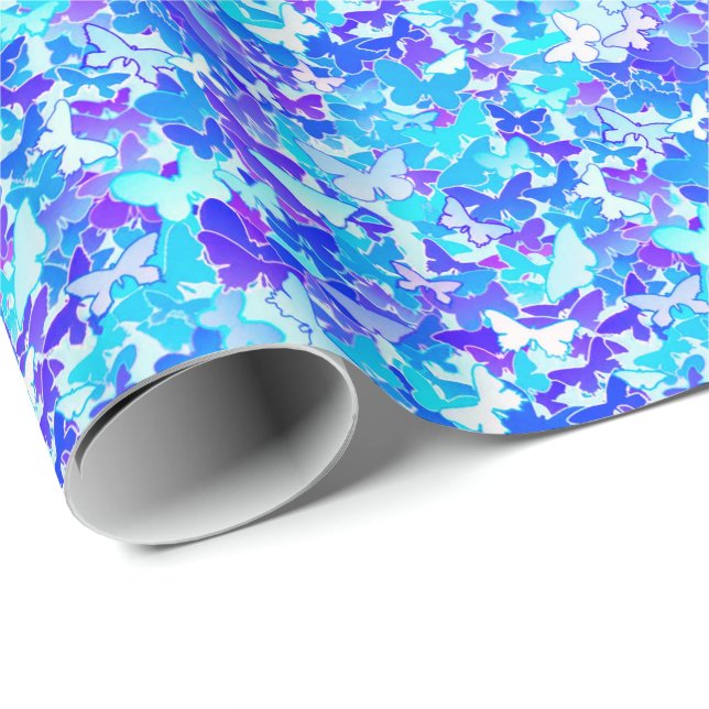 Papel De Regalo Mariposas, azul, turquesa, lavanda (Esquina del rollo)