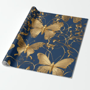 Papel De Regalo Mariposas azules metálicas con vinos de oro