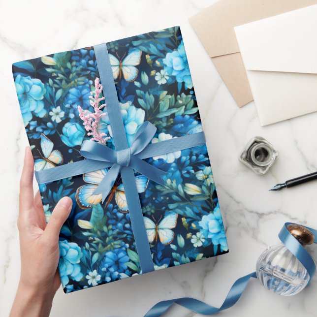 Papel De Regalo Mariposas azules y flor azul (Regalar)