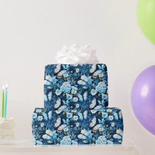 Papel De Regalo Mariposas azules y flor azul