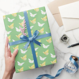 Papel De Regalo Mariposas blancas y amarillas ligeras volando verd