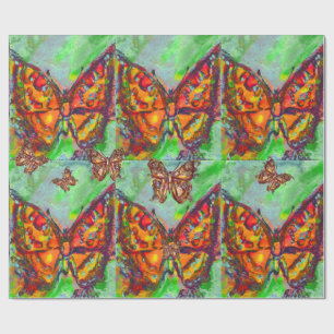 PAPEL DE REGALO MARIPOSAS COLORIDAS EN ROJO, AMARILLO ORO, VERDE