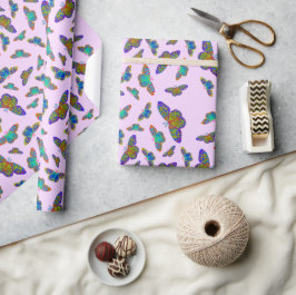 Papel De Regalo Mariposas coloridas sobre rosa bebé - personalizab