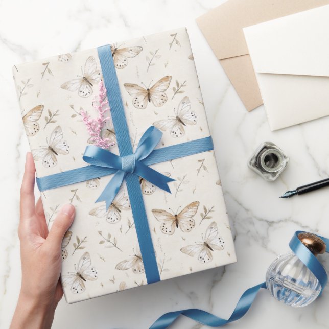 Papel De Regalo Mariposas Cumpleaños Crema Chic (Regalar)