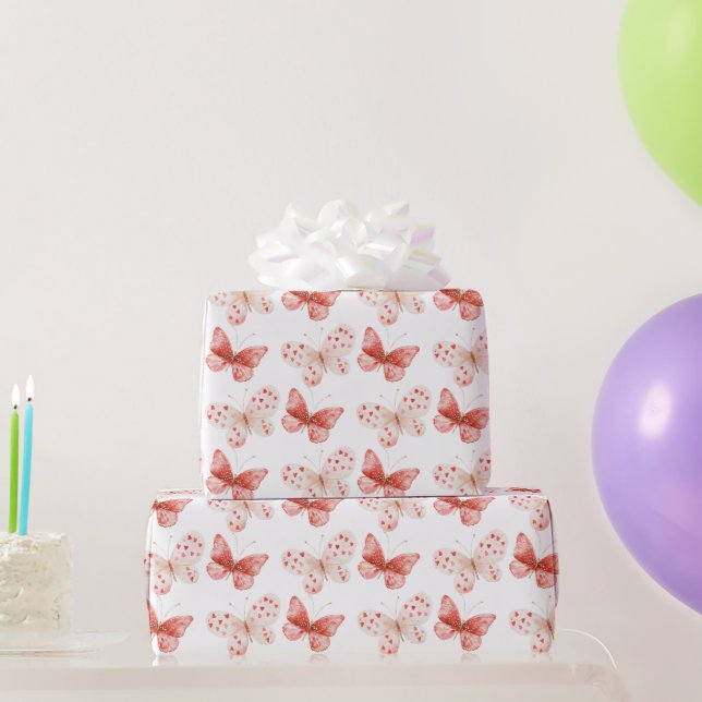 Papel De Regalo Mariposas Cumpleaños Rosa Rojo Sonrojo (Regalos de fiesta)
