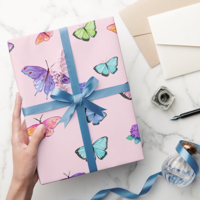 Papel De Regalo Mariposas De Acuarela E Hidrangeas (Regalar)