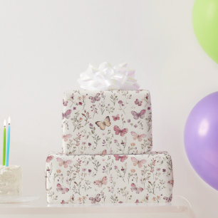 Papel De Regalo Mariposas De Crema Púrpura Floral Cumpleaños