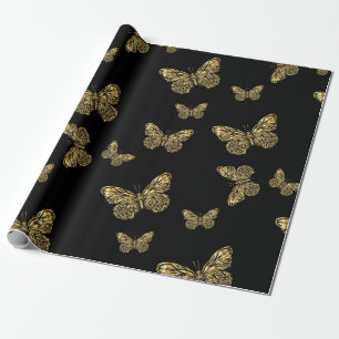 Papel De Regalo Mariposas de oro en negro, tierno patrón de polil